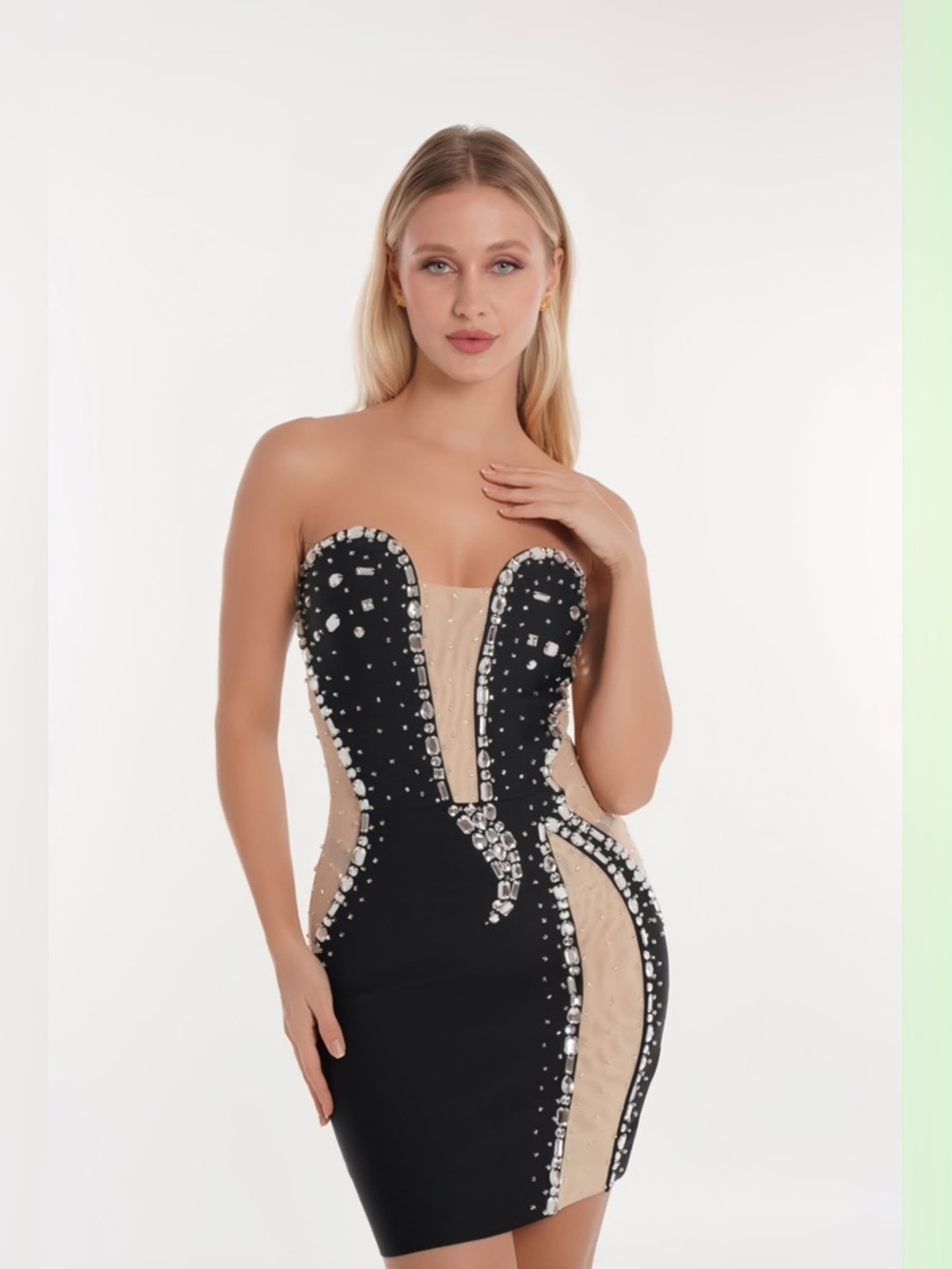 Strapless Black & Nude Embellished Bodycon Dress